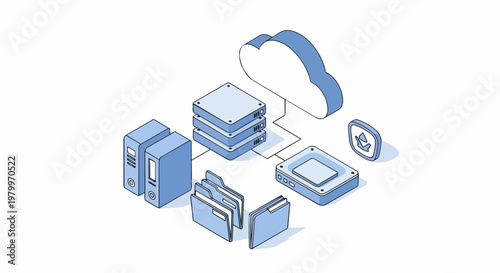 Isometric Cloud Computing and Data Storage Infrastructure Illustration with Servers, Folders, and Security Shield Icons for Business Technology Concepts