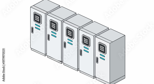 Isometric Row of Smart Digital Lockers or Server Cabinets for Secure Storage and Data Infrastructure