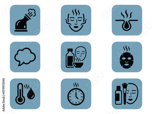Set of Nine Facial Skin Care and Beauty Treatment Icons.