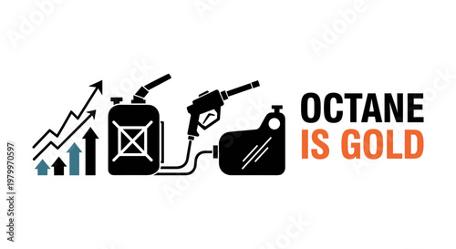 Fuel pump nozzle gasoline price increase graph rising arrow black and orange text on white background for finance and energy