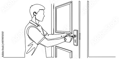 A black and white line drawing of a young man inserting a metal key into a residential door lock