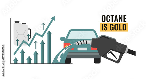 Fuel pump nozzle filling car with rising graph and octane is gold text in bold colorful illustration for finance and transportation