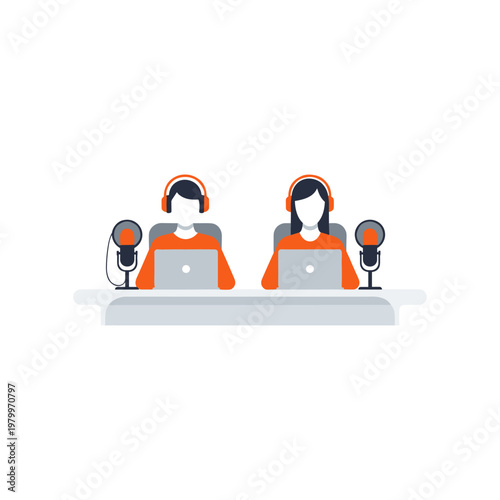 Two individuals engaged in a virtual podcast or streaming session with headphones and microphones.