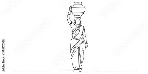 A continuous line drawing of an indian woman carrying a water pot on her head with a saree outfit