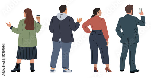 Four people stand back-to-back, facing away from the viewer. They gesture naturally, suggesting conversation or teamwork. Casual outfits imply a relaxed, modern setting