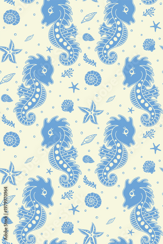 Hand drawn stylized seahorse seamless pattern in beige and blue
