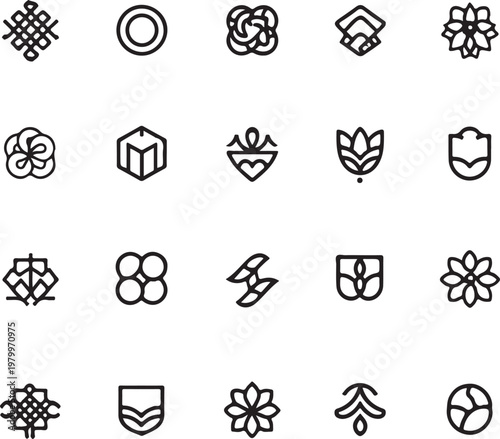 Collection of diverse and intricate geometric and floral symbols in a grid layout Vector