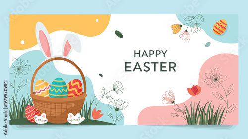 Colorful happy easter banner featuring a large wicker basket full of decorated eggs and cute white bunny ears.