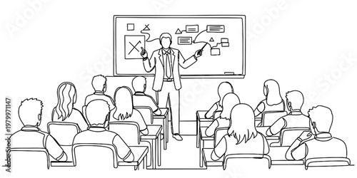 A black and white line art illustration of a teacher giving a lecture to a classroom of students