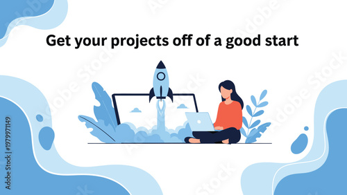 Motivating illustration of a woman working on a laptop with a rocket launching from the screen to start new business projects.