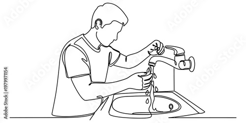 A continuous line drawing of a young man washing his hands under a faucet in a kitchen or bathroom