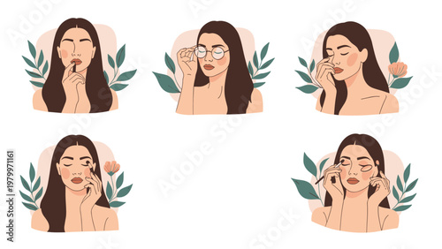 Set of illustrations showing a woman applying makeup, putting on glasses, and doing skincare routines with floral accents.