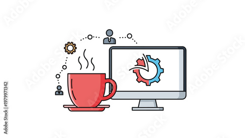 Morning work routine concept featuring a desktop computer monitor with a gear icon and a large red coffee cup.