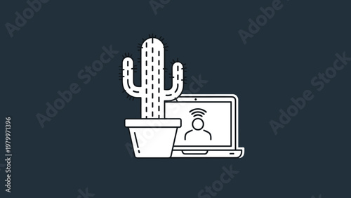 Digital nomad workspace concept featuring a minimalist cactus plant icon and a laptop screen with remote communication signal symbols.