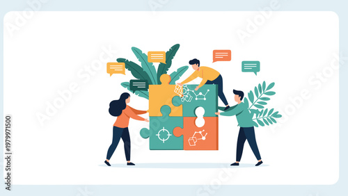 Three people working together to assemble a large colorful jigsaw puzzle illustrating teamwork and problem solving strategies.