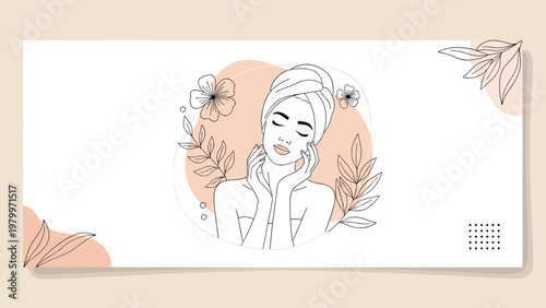 Minimalist line art of a woman in a towel after a shower surrounded by delicate floral sketches and soft pink aesthetic shapes.