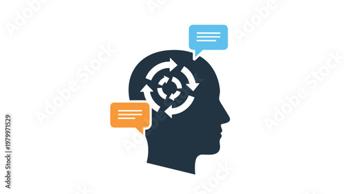 Human profile silhouette with rotating arrows and speech bubbles inside the brain illustrating cognitive processes and effective communication.