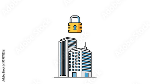 Real estate and business security icon showing office buildings protected by a large golden padlock with a blue keyhole.
