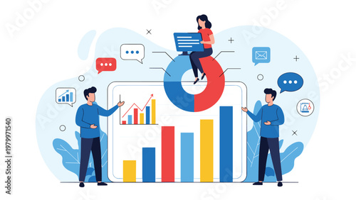 Team of analysts working around a large dashboard with bar charts and circular diagrams to track modern business performance.