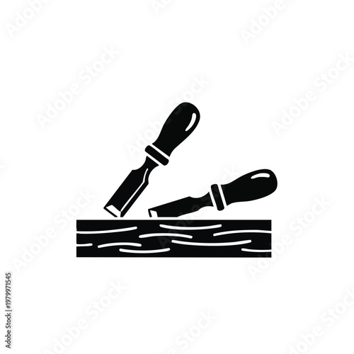 Wood carving tools, chisels, woodworking icons, black and white