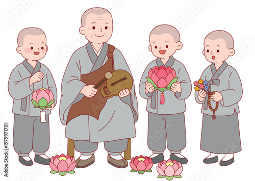 목탁을 치는 노스님과 연꽃 및 연등을 든 세 명의 동자승 캐릭터 세트, 불교 일러스트 Old Buddhist Monk Playing Moktak with Three Little Monks Holding Lotus and Lantern, Buddhism Character Set