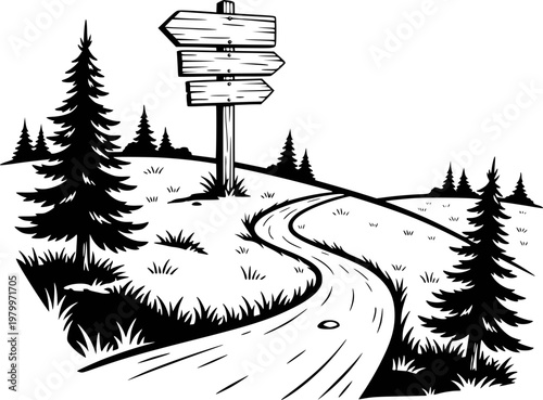 Black and white of a winding path and directional signpost in a forest landscape