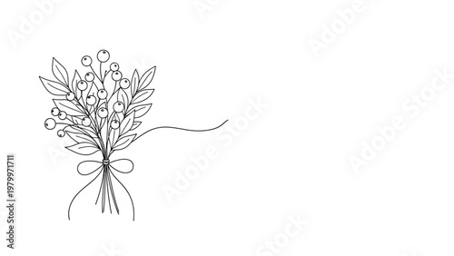Elegant black and white line art of a berry bouquet tied with a ribbon representing simple and natural botanical decoration.