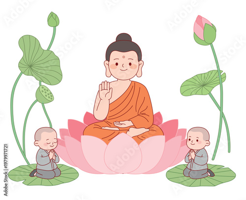 거대한 연꽃 위에 앉아 수인을 맺는 부처님과 예불을 올리는 두 동자승 캐릭터, 불교 일러스트 Buddha Character in Mudra Sitting on a Giant Lotus and Two Praying Little Monks, Buddhism Illustration