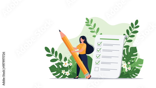 Motivation illustration of a woman with a large pencil checking off items on a giant to do list with green checkmarks.