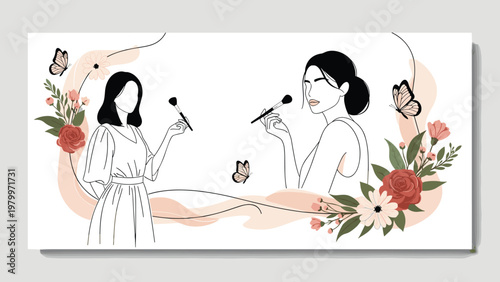 Two women doing their makeup and styling hair surrounded by elegant red roses, daisies, and butterflies on a white banner.