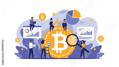 Large group of professional people working on a team with charts and magnifying glasses around a giant golden bitcoin coin.