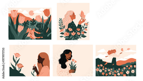 Artistic set of five illustrations depicting diverse women in serene natural settings surrounded by beautiful flowers and graceful butterflies.