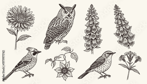 Set of of birds and flowers. engraving illustration birds and flower