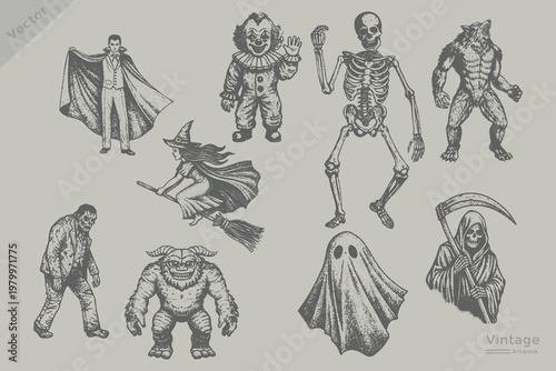 Halloween element set in vintage engraving style illustration. Halloween collection Witch flying, ghost, vampire, zombie, skeleton, grim reaper, werewolf, devil, monster, scary grunge dotted texture. 