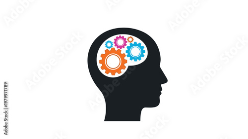 Conceptual icon of a human head with colorful rotating gears inside representing brainstorming, logic, and mental processes.