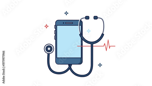 Mobile healthcare concept featuring a digital smartphone with a stethoscope and a heartbeat pulse line representing online medical services.