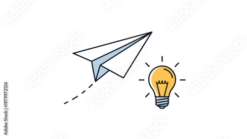 Colorful conceptual illustration of a blue paper plane flying beside a bright yellow lightbulb representing a successful creative project launch.