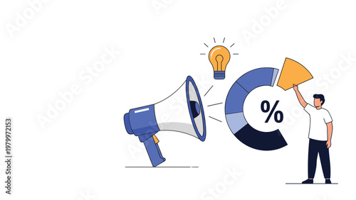 Marketing expert assembling a colorful pie chart next to a megaphone symbolizing effective promotion and data communication.