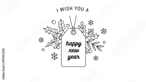 Festive holiday greeting card design featuring a happy new year tag decorated with winter holly leaves, berries, and snowflakes in line art.