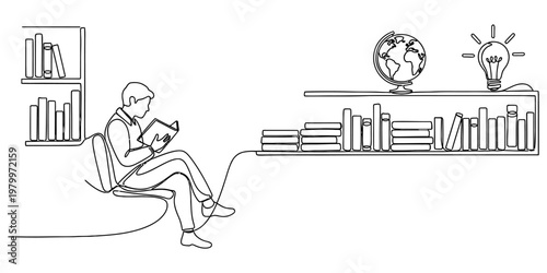 A single line drawing of a person sitting on a sofa and reading a book in a library environment.