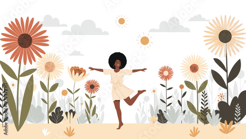 Joyful black woman in a light dress dancing happily in a field of giant blooming sunflowers and wild flowers under the sun.