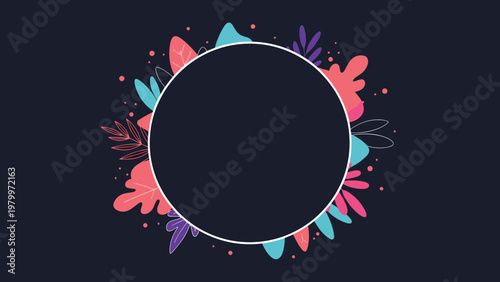 Elegant dark circular frame design decorated with a variety of colorful tropical leaves and flowers on a deep blue background.