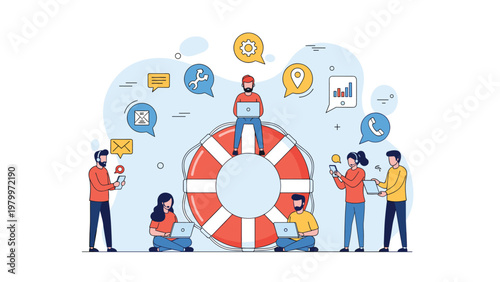 Dedicated technical support team working on laptops around a giant lifebuoy to provide reliable business assistance and safety solutions.