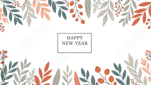 Festive new year greeting card template featuring a delicate floral and berry border with happy new year text in a minimalist frame.
