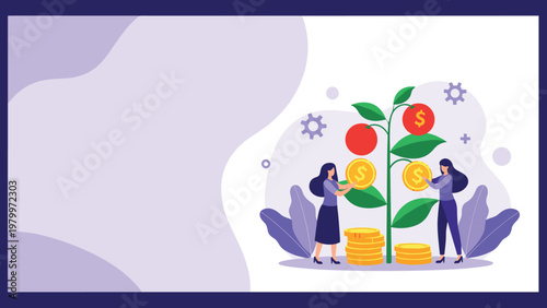 Business women watering a thriving money tree with golden coins representing long-term financial growth and successful investment strategy.