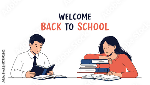 Male and female students sitting at a desk reading books under a welcome back to school greeting sign in a simple white background.