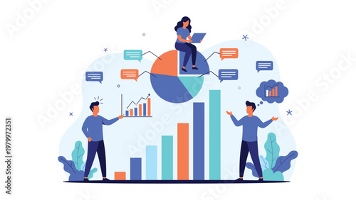 Data analysis team collaborating around large bar and pie charts to visualize company performance and strategic business insights.