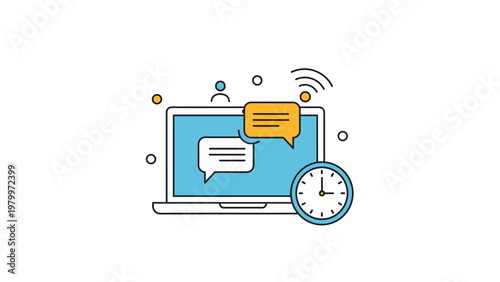 Concept of online communication and time management featuring a laptop screen with messaging bubbles and a clock symbol.