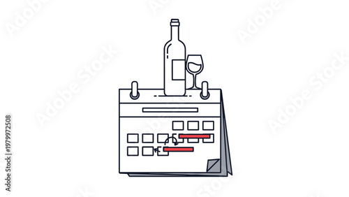 Calendar with marked dates for wine tasting events or social gatherings featuring a wine bottle and glass on top.