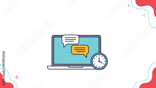 Digital communication concept showing a laptop screen with speech bubbles and a clock icon symbolizing real-time online messaging services.